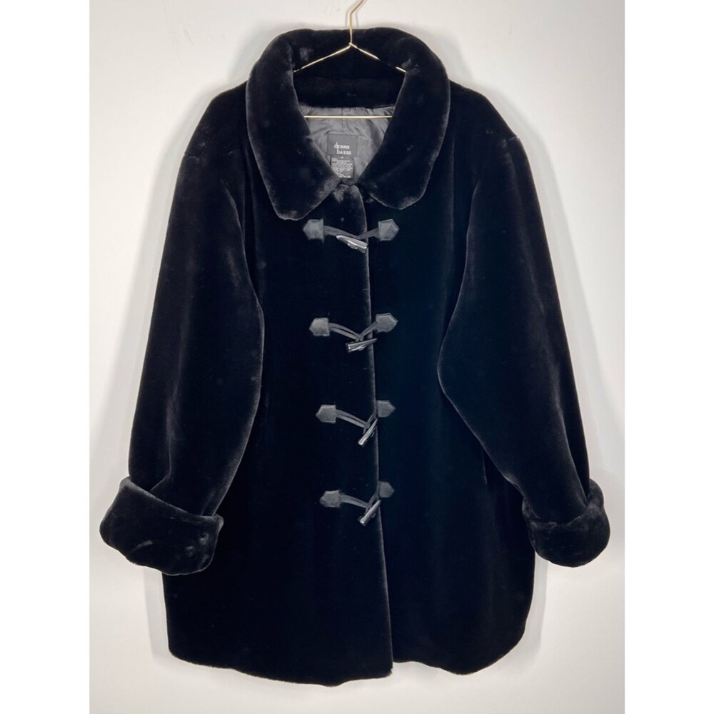Dennis Basso Black Faux Fur Coat Toggle Closures Plus Size 3X